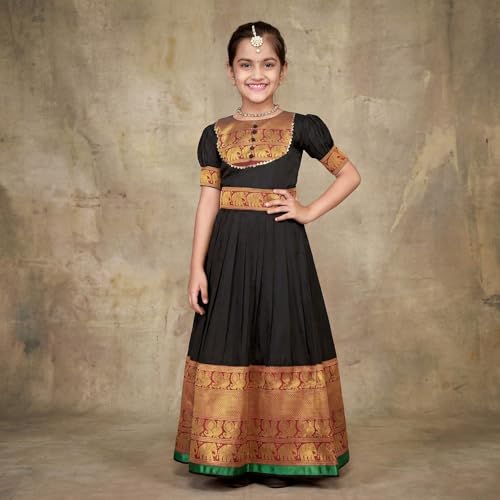 Image of Girls Silk Pattu Gown for Kids Traditional South Indian Long Ethnic Dress | Baby Girl Festival Pavadai Sattai Style Party Wedding Birthday Special Occasion Outfit