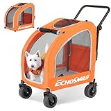 EchoSmile Hundewagen für Kleine und Mittelgroße Hunde bis 20kg, Geländegängige Faltbar Hundebuggy mit Doppelbremsen, Sicherheitsgurte im Auto & Netzfenstern, Orange