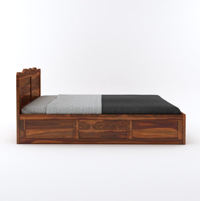 Image of Wooden King Size Bed with Storage | Double Bed Cot Bed with Box Storage for Bedroom & Hotel | Sheesham Wood, Honey, Recommended Mattress Size: 78 X 72