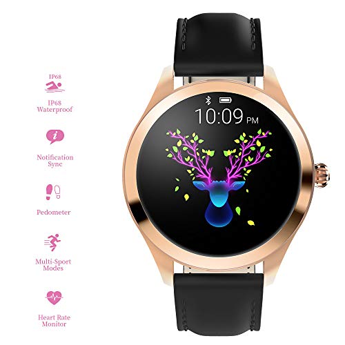 RanGuo - Reloj Inteligente para Mujeres, Deportes al Aire Libre Impermeable Smart Watch para Sistema Android y iOS, Apoyo recordatorio de Llamada y recordatorio de Mensaje (Correa de Cuero, Negro)