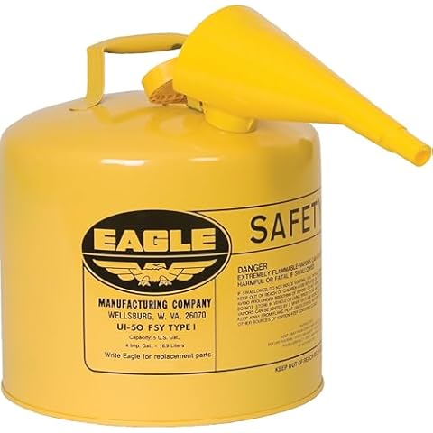 Eagle 5 Gallon Type I Yellow Safety Gas Can for Diesel with Flame Arrester, Self-Closing Lid, and F-15 Funnel, Made in the USA, Galvanized Steel Flammable Storage Can, UI50FSY Cover