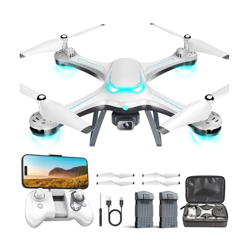 drone with 1080p camera for beginners remote control quadcopter with gestures selfie altitude hold one key start 3d flips 2 batteries toy for beginners white