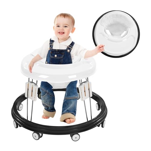 Adjustable Baby Walkers for Baby with Easy Clean Tray, Universal Wheeled Walker, Anti-Rollover Folding Walker for Girls Boys 6-18Months Toddler (White)
