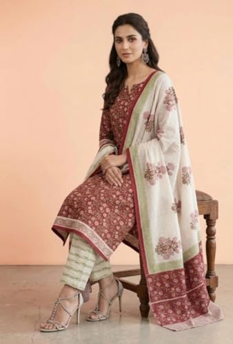 Image of Eddika women unstitched hand block printed cotton suit set with mulmul dupatta ehbpcswmd0120P