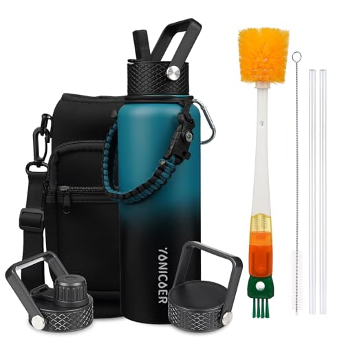 YONICOER Insulated Water Bottle 40oz,Triple Wall Vacuum Stainless Steel(Dishwasher Safe),Leak Proof & Non-BPA,Flask Jug with Paracord Handle & Straw Spout Lids Sports Gradient indigo blue/black