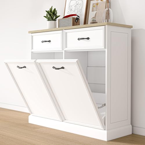 GarveeHome Double Tilt Out Trash Cabinet, Hidden Trash Storage Cabinet 20 Gallon, Freestanding White Garbage Can Cabinet for Kitchen Dining Living Room