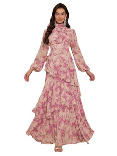 Image of TOLEEN Summer Casual Dresses for Women 2024 Spring Fashion Boho V Neck Long Sleeve Ruffle Floral Print Elegant Maxi Dress