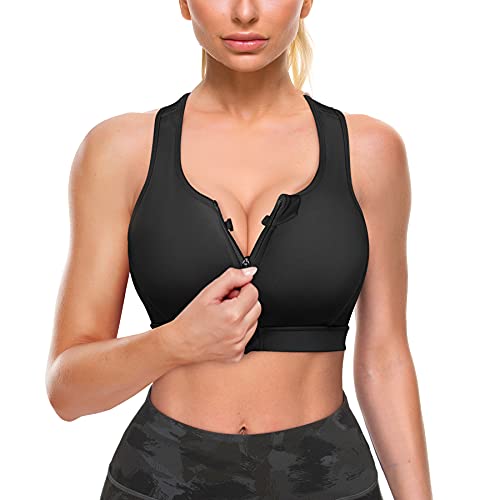 IHHCOXK Zip Front Sports Bras for Women Medium Support Racerback Bras with Removable Padded Wirefree Workout Yoga Tops(Black, Medium, m)