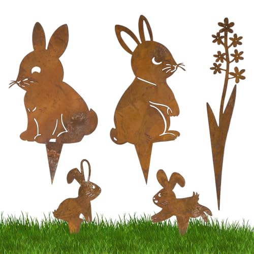 Decoración de patio de conejo, estacas de jardín de metal, material de hierro, decoraciones de animales al aire libre, suministros de Pascua para jardines, suministros de césped para entrada, paisaje
