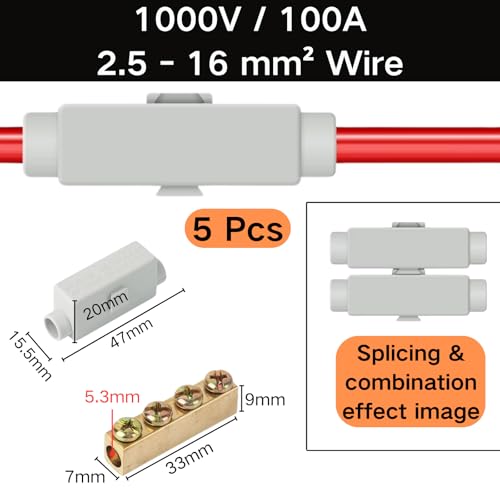 5 Stück Durchgangsverbinder 2 polig 100A 1000V Doppelschrauben Klemmblock für 2,5-16mm² Kabel Hauptleitungsabzweigklemme ABS Gehäuse für Deckenleuchten Schalter Elektroinstallation