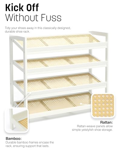 KEPLIN 4 Tier Bamboo and Rattan Shoe Organiser Rack – Eco-Friendly, Durable, Easy Assembly – Compact Design for Entryway, Closet, or Hallway – Stylish and Functional Storage – White and Natural - Image 6