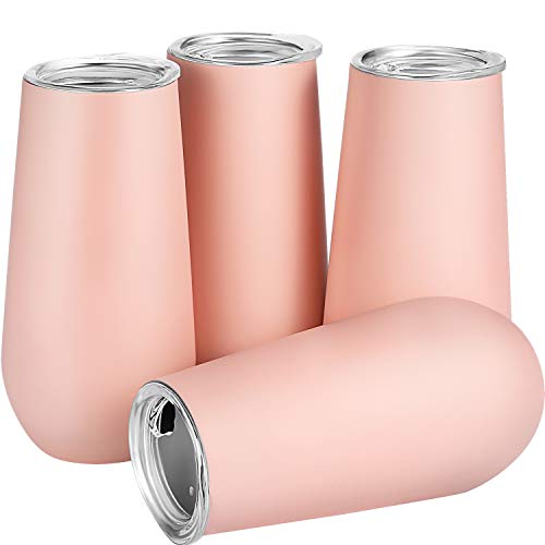 4 Pack Stemless Double insulated Wine Tumbler Champagne Flutes, Reusable Cocktail Cups Unbreakable Champagne Toasting Glasses with Lids (6 OZ, Khaki)