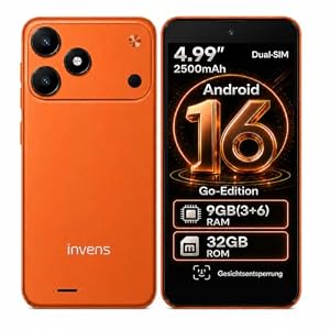 invens TK02 Smartphone Ohne Vertrag Günstig, Android 16 Go Handy, 5,0 Zoll, 9GB RAM (3+6) + 32GB ROM, 4G LTE, Dual SIM + TF 256GB, 8MP + 5MP Kamera, Abnehmbarer Akku, USB-C, 3,5 mm, Orange