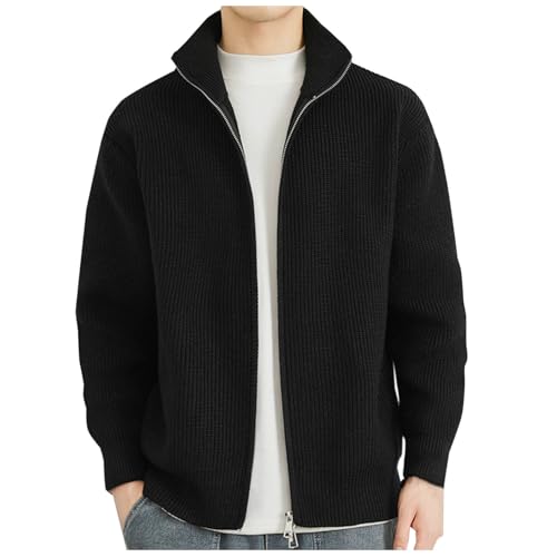 Akklian Mens Full Zip Cardigan Sweater Casual Ribbed Knitted Sweater Stand Collar Long Sleeve Regular-Fit Knitwear for Men