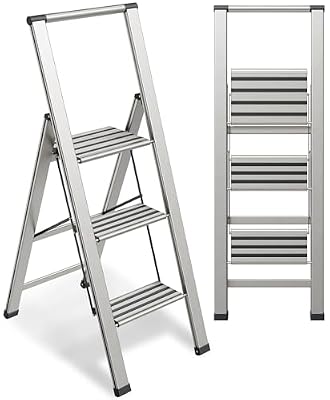 Sorfey Premium 3 Step Modern Aluminum Ladder. Lightweight,-Ultra Slim Profile, Anti Slip Steps, Sturdy-Portable for Home, Office, Kitchen, Photography Use, Aluminum Finish