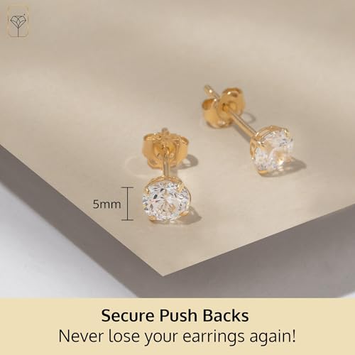 14k Gold Solitaire Round Cubic Zirconia Earrings Studs for Women & Men | Anti Tarnishing CZ Stud Earrings with 14k Gold Butterfly Pushbacks | 4MM-7.5MM by MAX + STONE 5