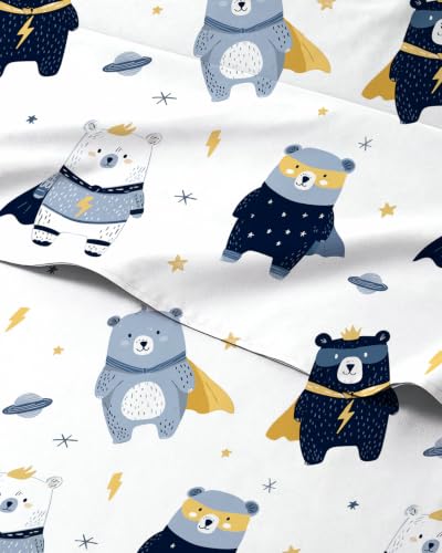 Image of Kids Twin Size Bear Bed Sheets - 3 Piece Kids Bear Sheet Set - Comic Hero Bedding - Ultra-Soft, Cute & Cozy - Breathable & Machine Washable - Wonderful Brave Bed Set for Boys, Girls, Teens & Toddlers