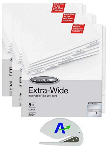 Value Bundle 3 Sets Wilson Jones Extra Wide Oversized Insertable Tab Dividers, 5-Tab Set, Clear Tabs, with Bonus AdvantageOP Letter Opener (55206)