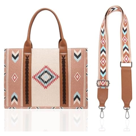 Women Western Cotton Linen Printed Color Clash Tote Top Handle Removable Strap Bohemian Shoulder Crossbody Bag Cover