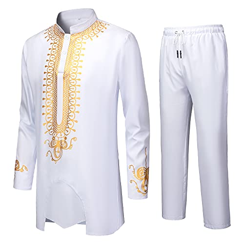 YND Men’s 2 Piece African Dashiki Shirt and Pants Set, Outfit with Gold Print2