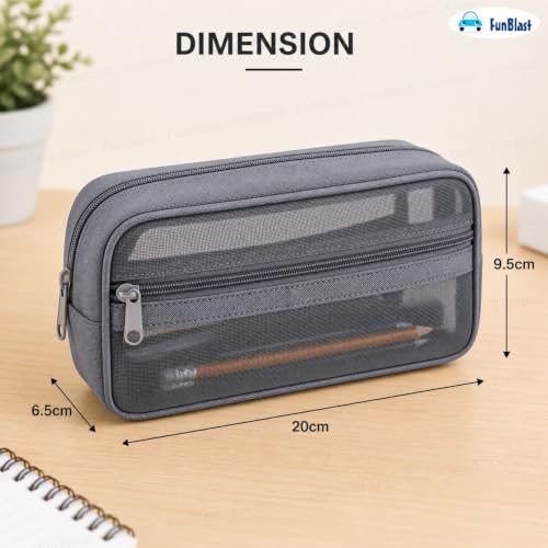 Image of FunBlast Mesh Pencil Case with Smooth Zipper, Single Layer Multi-Purpose Stationary & Pen Pouch for Boys & Girls, Transparent Stationary Bag, Organizer Pouch for Student (Grey-E)