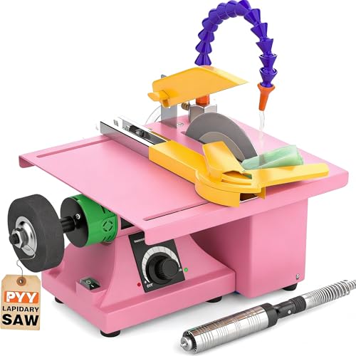 PYY Lapidary Saw - Jewelry Rock Saw w/Upgraded Diamond Blades & Woodworking Blade, 0-10000 RPM 350W for Cutting Rocks & Polishing, DIY Art Project Lapidary Equipment,Yellow