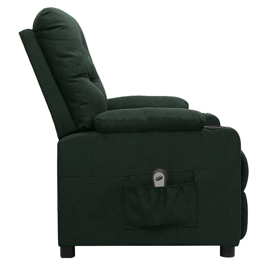 Poltrona relax elettrica in tessuto verde scuro con funzione reclinabile, schienale e poggiapiedi regolabili, design moderno, struttura in legno e metallo resistente, ideale per soggiorno