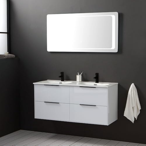 Kiamami Valentina - Mobile Bagno Sospeso 120CM Parigi | Bianco Lucido | Specchio LED Retroilluminato con Sensore Touch | 4 Cassetti e Doppio Lavabo, Specchio LED Touch, 120CM, Resina