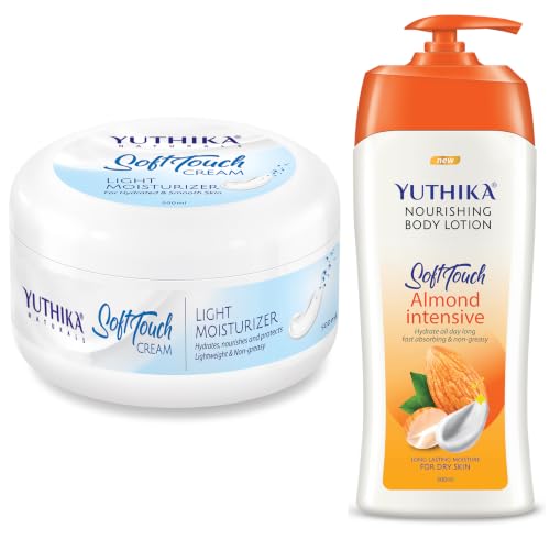Image of Yuthika Soft Touch Face Cream 300ml and Almond Nourishing Body Lotion, Lightweight, Non-Greasy, for Dry Skin, 500ml Combo Pack.