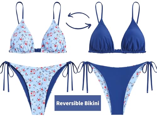 ZAFUL Women's Triangle Bikini Floral String Bikini Set Two Piece Swimsuit Bathing Suits (2-Deep Blue, Small)