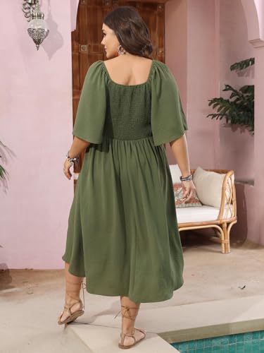 Image of SCOMCHIC Plus Size Summer Dress Casual Short Sleeve Bow Tie Deep V Neck Smocked Button Down Midi Flowy A-line Boho Dresses