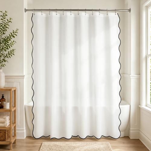Image of N&Y HOME Fabric Shower Curtain or Liner White with Black Scalloped Edge