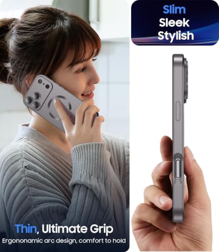Image of DIZORO Magnetic Case for (iPhone 17 Pro) Case [Compatible with MagSafe][Built-in Camera Lens Protector] Slim Soft Silicone Bumper Shockproof Metallic Luster Back Cover Phone Case - Natural Titanium