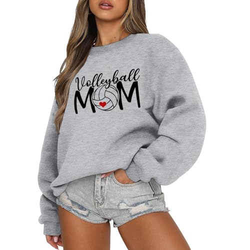 Weetiotio Volleyball Mom Sweatshirts for Women Mama Graphic Sweatshirt Volleyball Gifts Game Day Crewneck Pullover Hoodies(Light Gray L)