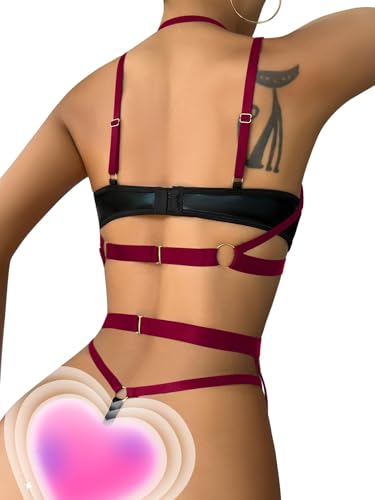 Image of Lilosy Sexy Pu Leather Strappy Underwire Garter Belt Lingerie Set