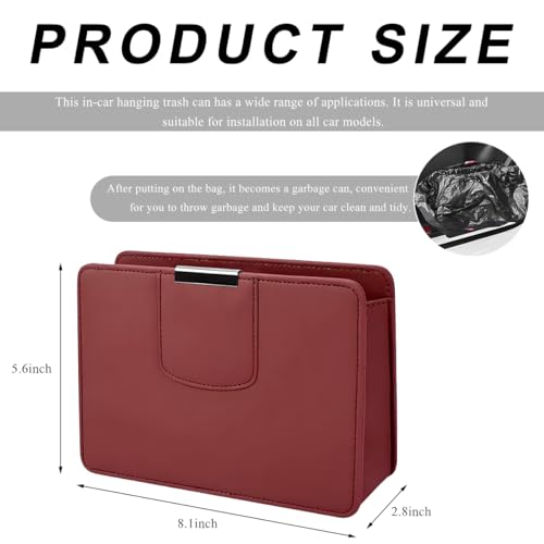 Image of Car Trash Can, Leather Magentic Vehicle Garbage Organizer with One Roll Trash Bag, Foldable Waterproof Dustbin Litter Container Mini Sotrage Bag for Car Truck SUV (Wine Red)