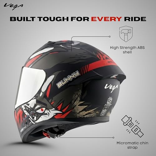 Image of Vega Bolt Bunny Premium Smart Bluetooth Full-Face Helmet - Advanced Safety, Shockproof, Aerodynamic, Comfortable Dull Black RED XL