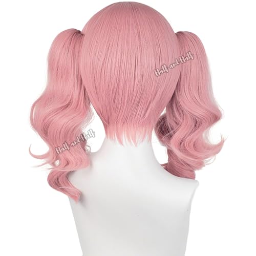 Image of Half and Half Short Pink Curly Anime Ponytail Wig Deep Pink Wave Twin Tails Lolita Wigs with Bangs for Karuta Roromiya Cosplay Women Halloween Party Daily