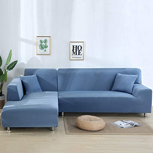 Housse de canapé d'angle en L extensible gris bleu 3 places pour protéger votre salon