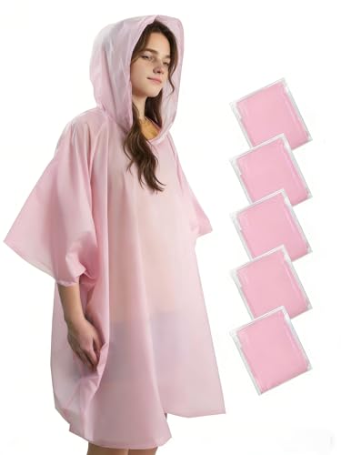 KAshack 5 Stück Einweg Regenponcho Pink Damen Herren -100% Wasserdichtes Regencape mit Kaputze 0.035mm Verdicken Leichtgewichts Regen Poncho für Konzert Festival Wandern Camping Notfallponcho