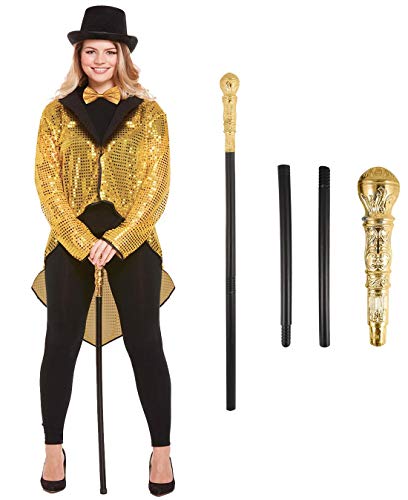 Rimi Hanger Gold Sequin Tailcoat Hat Stick Set Cabaret Fancy Dress Circus Ringmaster Costume Womens Set One Size