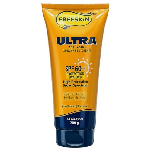 Image of Freeskin Ultra Anti-Aging Sunscreen Cream SPF 60+ | Broad Spectrum UVA /UVB High Protection | Enriched with Beetroot Extract & Hyaluronic Acid | Suitable for All Skin Types - 200g