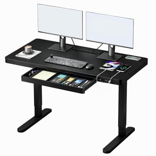 Image of H25 Electric Height Adjustable Desk with Wireless Charging, USB & Type-C Ports, Storage Drawer| Child Safety Lock | Sit-Stand Office Table, Black Top & Black Frame, 3-Year Warranty | DIY