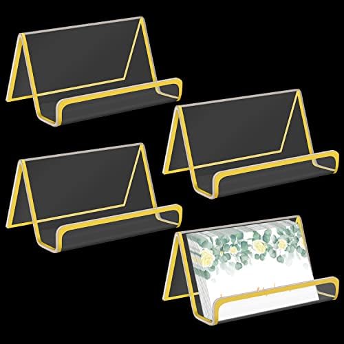 Ruig 4 Pieces Gold Business Card Holder, Acrylic Clear Business Cards Holder Display Stand Plastic Gold Office Name Card Display for Office Desktop Countertop ( Capacity 50 Cards )