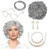 GEVECORI 7er Oma Kostüm Set für Karneval & 100. Schultag | Alte Frau Kostüm Zubehör mit Oma Perücke Grau, Oma Brille mit Kette, Perückenkappe, Perlenkette, Armband & Ohrringe | Kostüm Damen Fasching