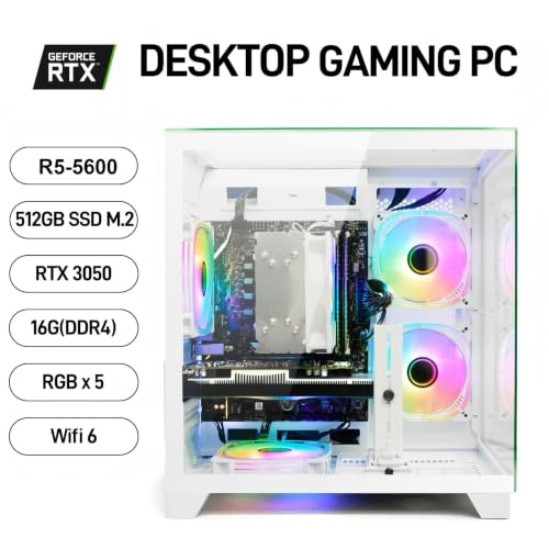 Image of LXZ Gaming PC Ryzen 5 5600, GeForce RTX 3050 8GB, 16GB DDR4 RAM, 512GB NVME SSD, White Prebuilt Desktop Computer for Gaming & Productivity