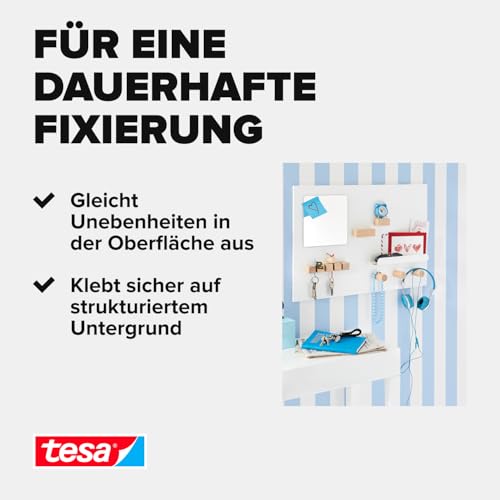 tesa Montageband Tapete&Putz, 10 kg Haltekraft pro Meter - starkes, doppelseitiges Montageklebeband zur Befestigung auf Gips und Tapeten - 5 m x 19 mm