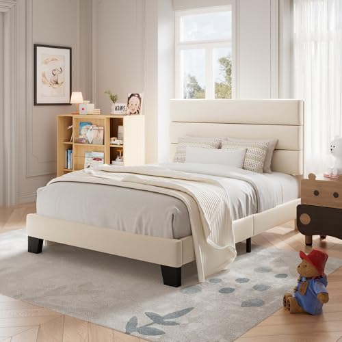 Image of Allewie Twin Size Platform Bed Frame with Fabric Upholstered Headboard and Wooden Slats Support, Fully Upholstered Mattress Foundation /No Box Spring Needed /Easy Assembly, Cream
