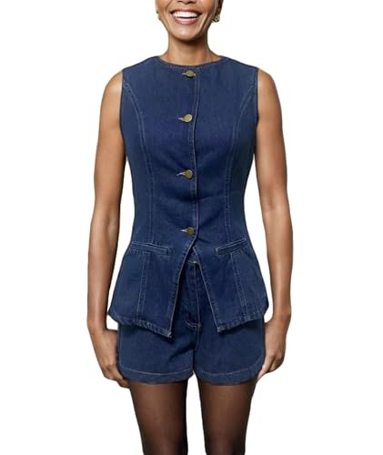 SOMTHRON Women's Denim 2 Piece Outfits Sleeveless Button Down Blazer Vest Tops High Waisted Jean Shorts Set