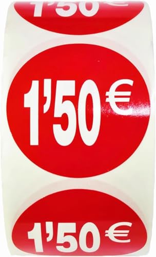 3 rollos de etiquetas de precio '1.5€' para productos rebajados | 1.500 pegatinas autoadhesivas de descuento en color rojo brillante | Pegatinas redondas para etiquetar ofertas de Ø35 mm (1.5€  3)